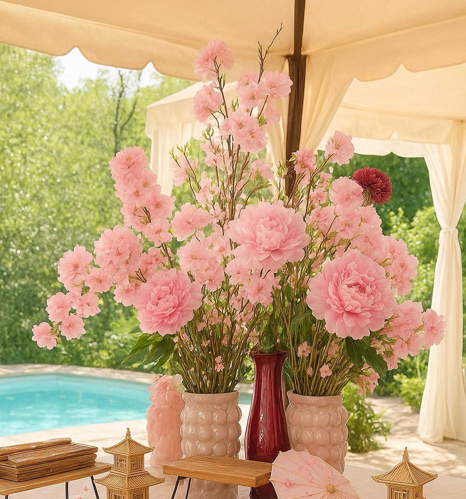 Bouquets de fleurs roses sous une tonnelle, au bord d'un bassin