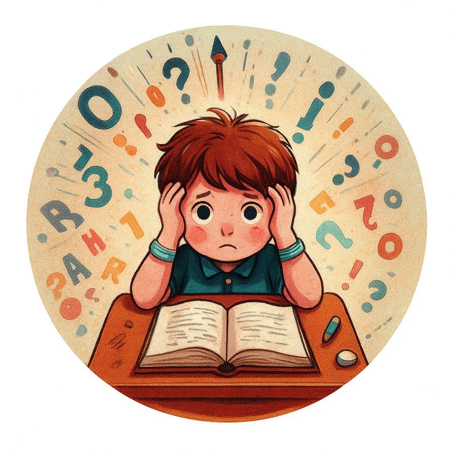 Illustration d'un enfant devant un livre, entouré de lettres et de chiffres