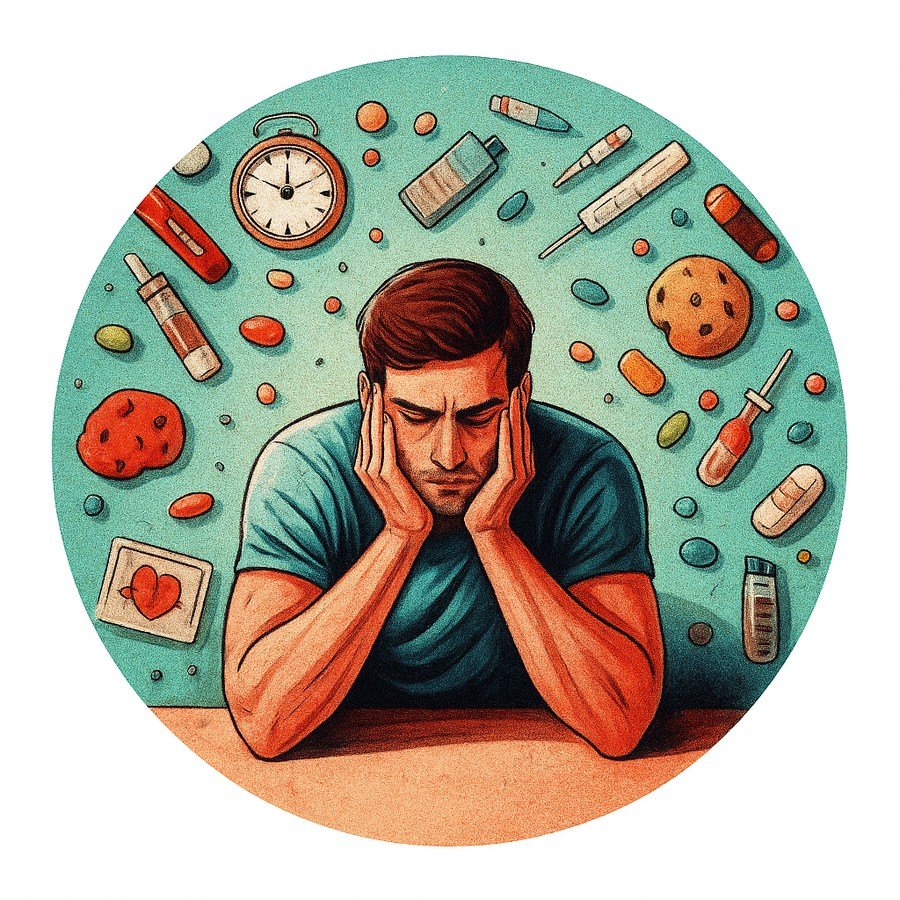Illustration d'une personne fatiguée, entourée de médicaments et d'une horloge