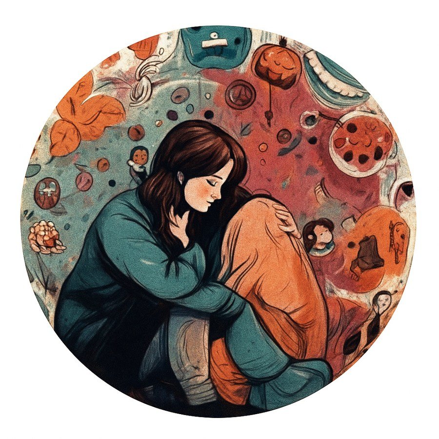 Illustration d'une personne repliée sur elle-même, entourée de pensées