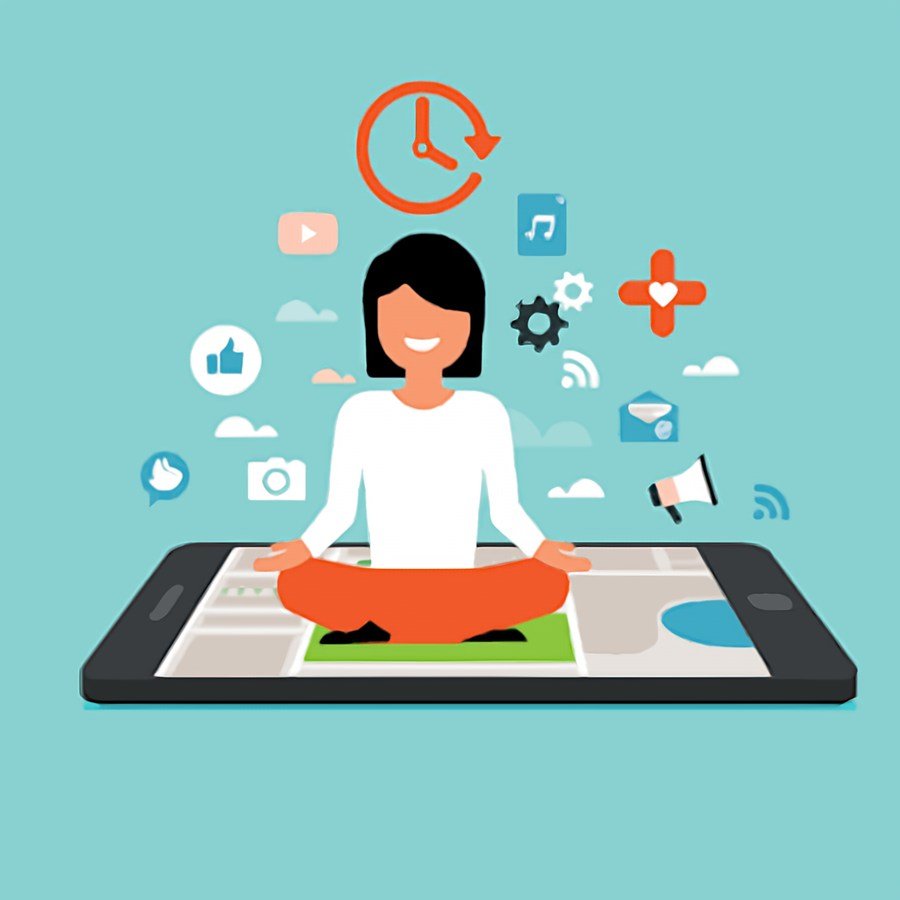 Illustration d'une personne assise en méditation, entourée de symboles du quotidien